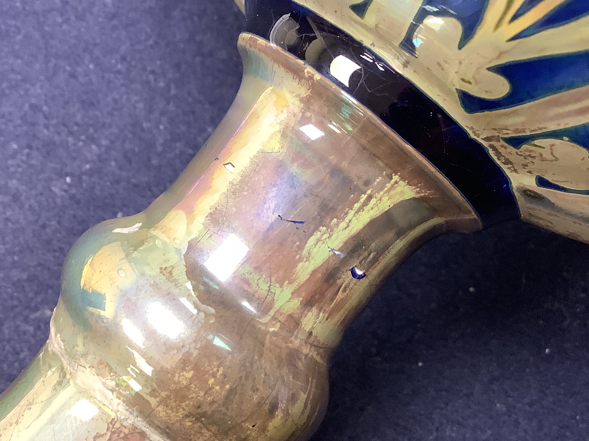 A Pilkingtons Royal Lancastrian lustre loving cup, monogram for Gordon M Forsyth, height 24cm (a.f.)